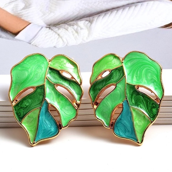 Anthropologie Jewelry - Monstera Tropical leaf earrings enamel boho chic